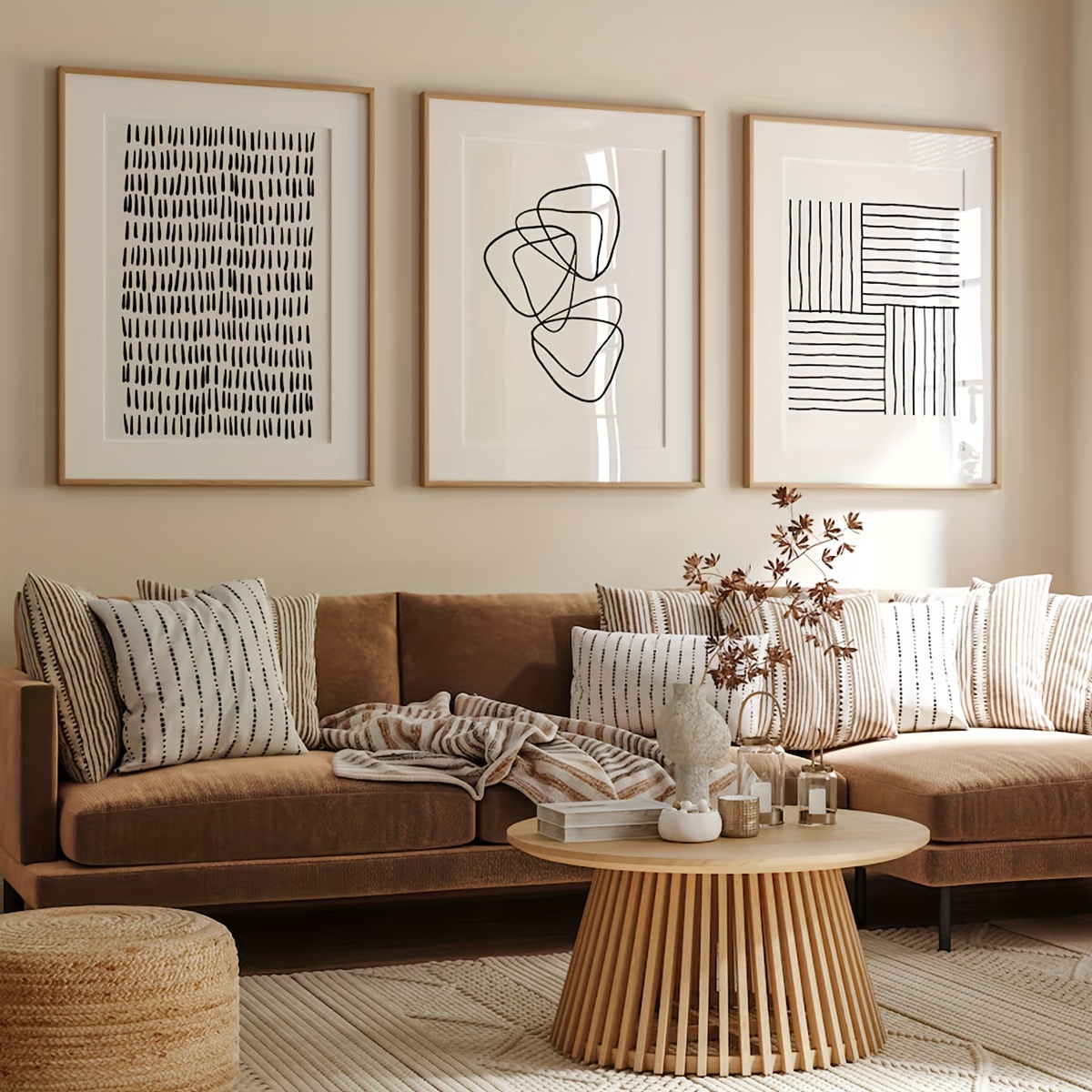 Abstract Canvas Set - 3'lü Set Siyah Beyaz Çizgili Soyut